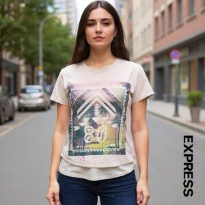 Express Graphic Print Women's Top - Cream w/ 🌸 embroidery